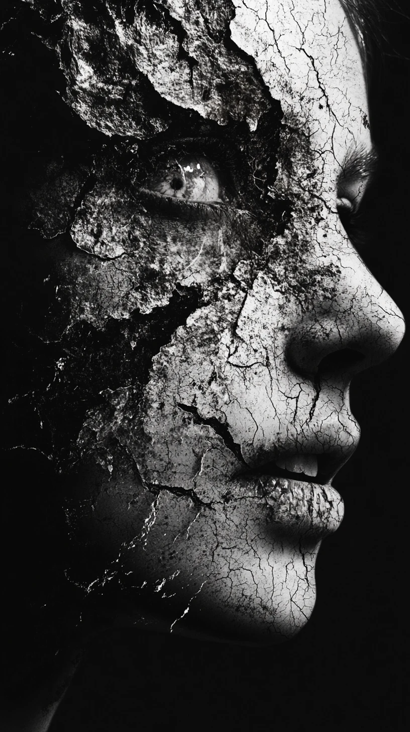 Surreal monochrome horror portrait dissolving into ink and dust