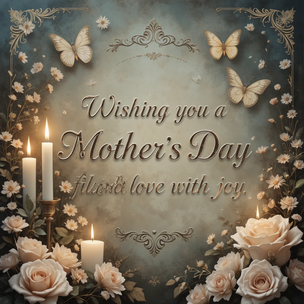 Vintage digital mothers day card with butterflies and candles