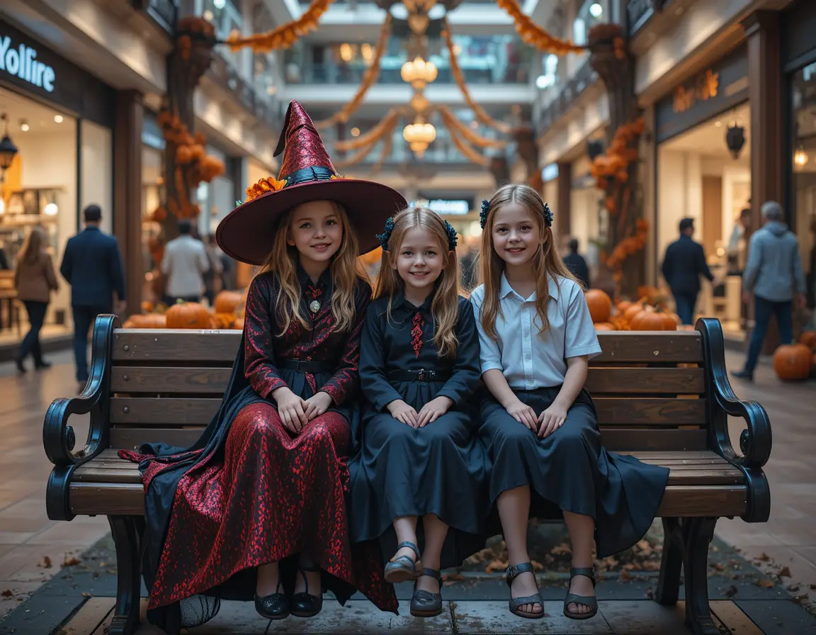Three children sharing a magical halloween moment on a bench