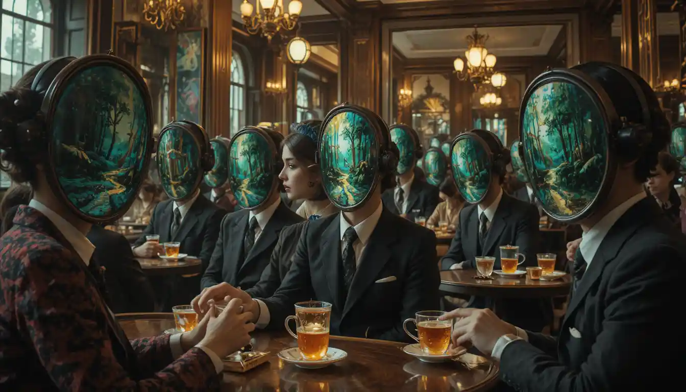 Surreal Parisian cafe with mirrors and rainbow tea cups