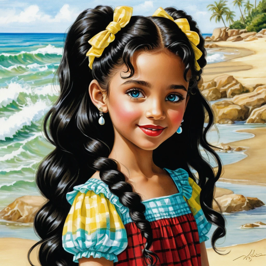 Smiling girl with long curly hair in a summer dress