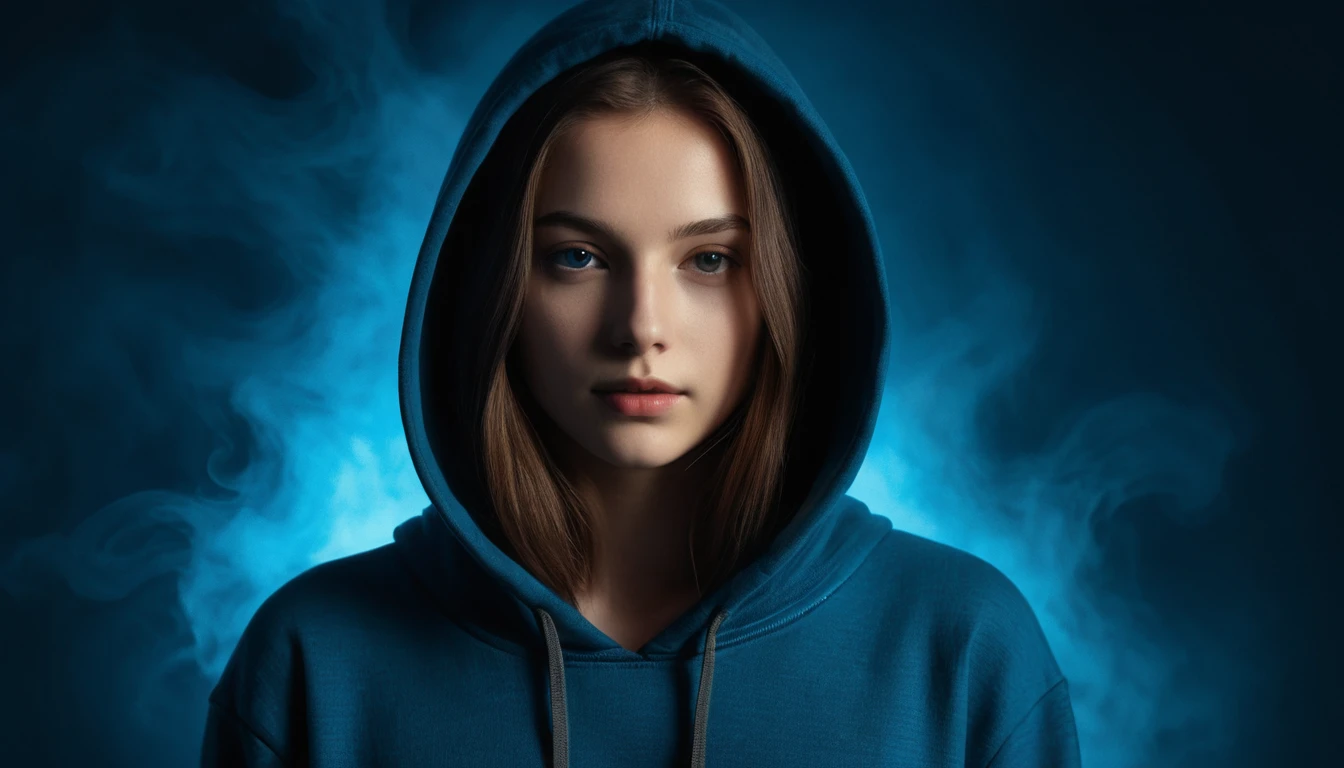 Joven mujer en luz azul con mirada introspectiva