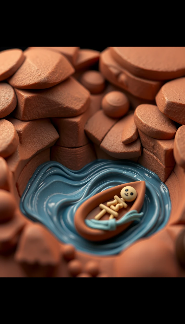 Claymation message bottle floating on a mysterious dark sea