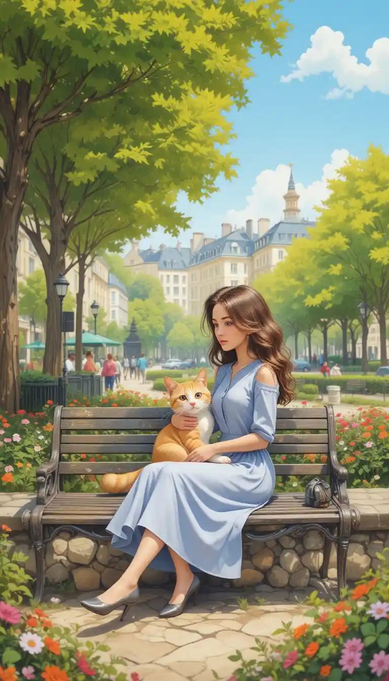 Girl walking her cat through a sunny Parisian park