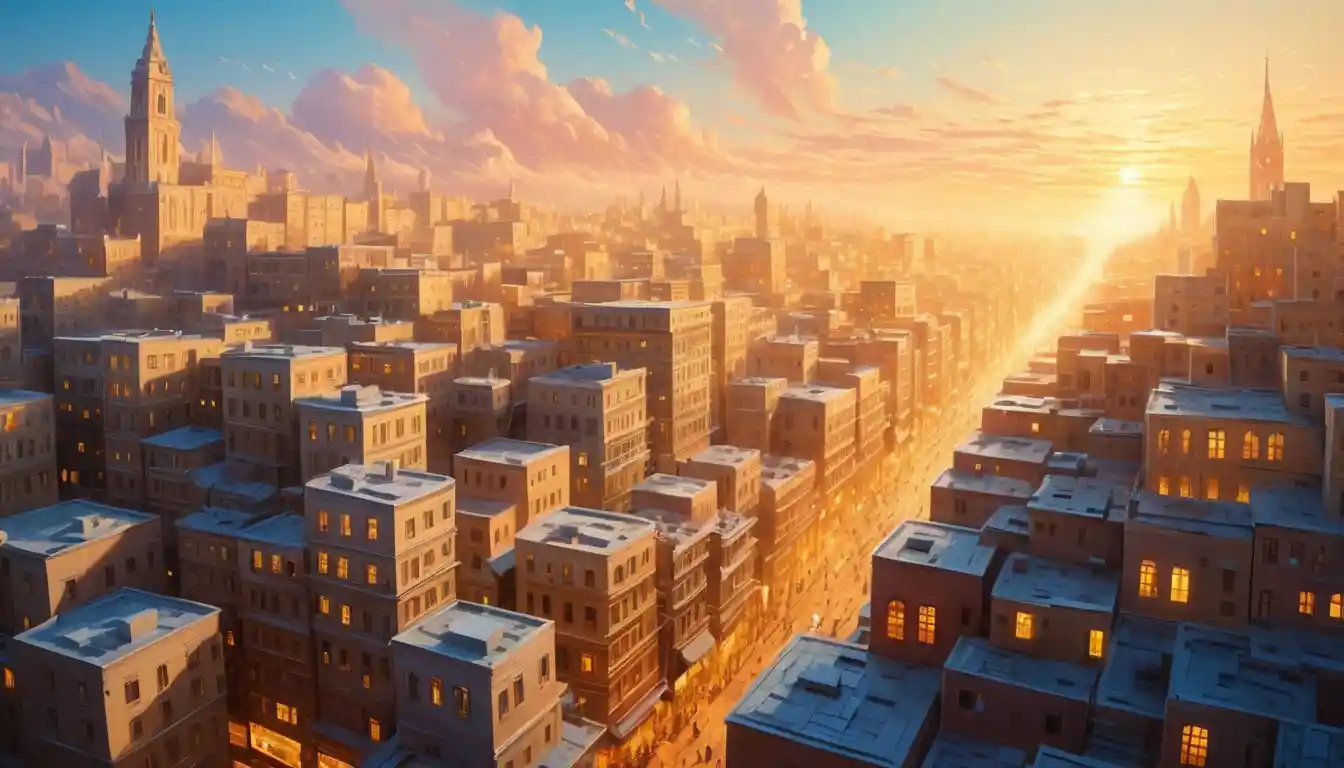 Surreal city of diaries glowing in the evening light