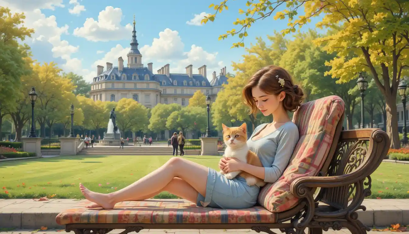 Girl walking her cat through a cozy city park scene
