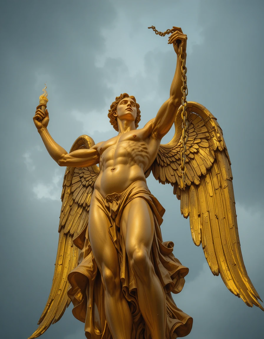 Golden winged statue holding torch and broken chain
