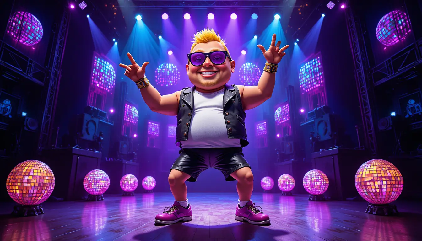 Dancing potato character on vibrant concert stage