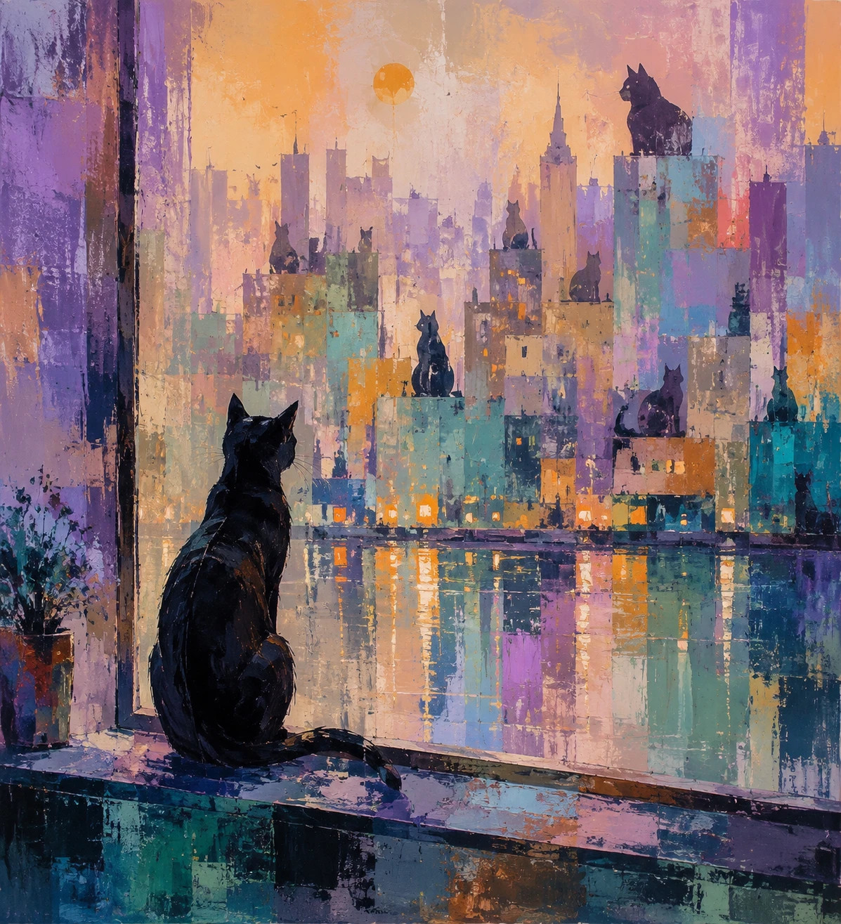 Dreamy abstract cityscape at dusk with contemplative cat