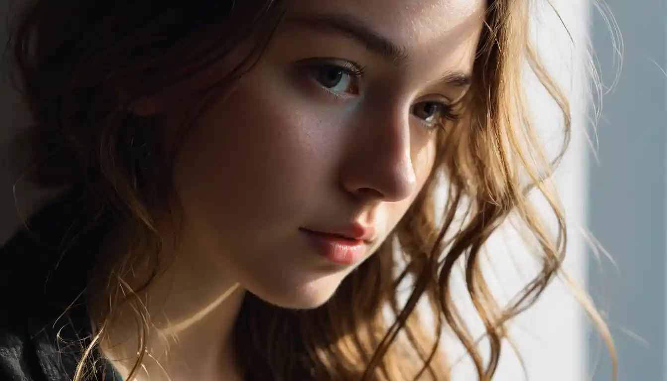 Young woman close up portrait with thoughtful downward gaze