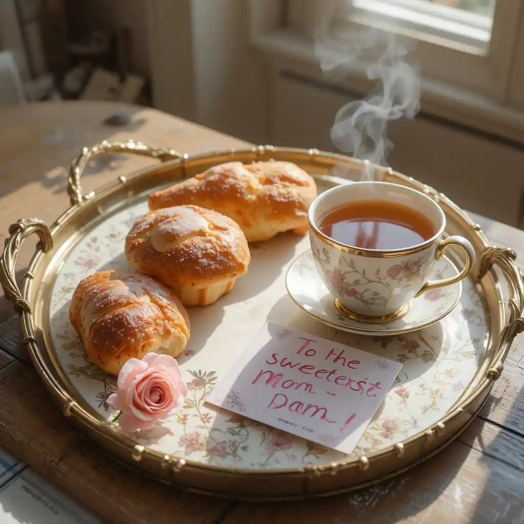 Cozy breakfast tray with pastries tea and a single rose