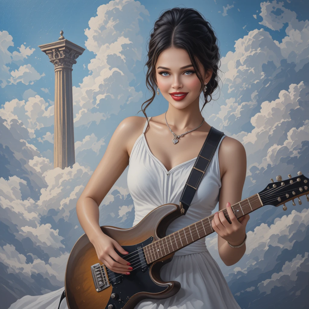 Woman In White Dress Playing Guitar Among The Clouds