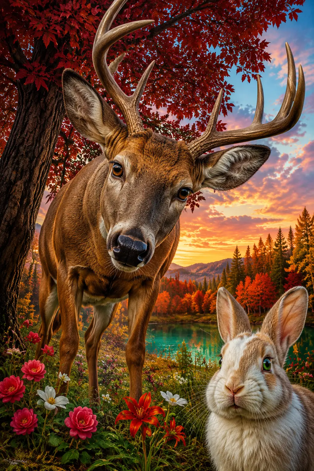 Close up painting of a deer under autumn maple tree