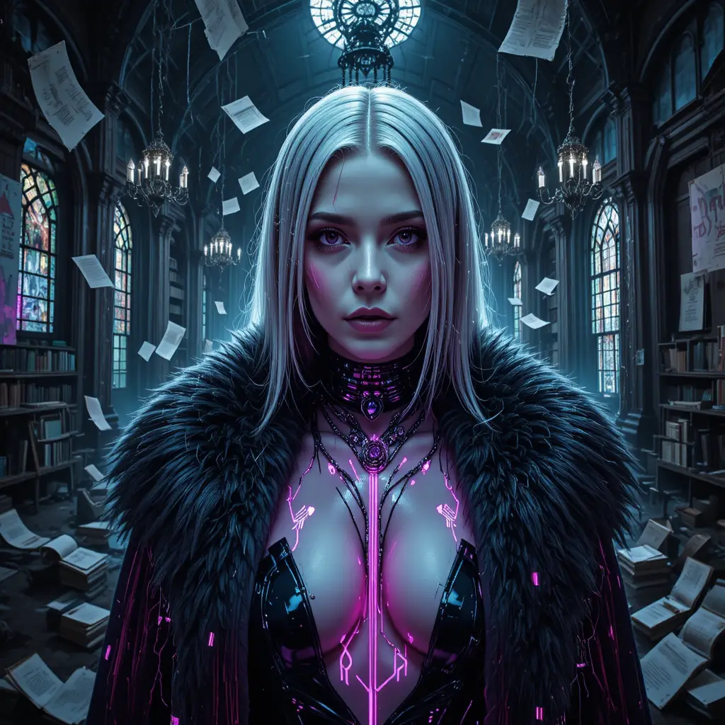 Cybernetic femme fatale in gothic glitch noir portrait