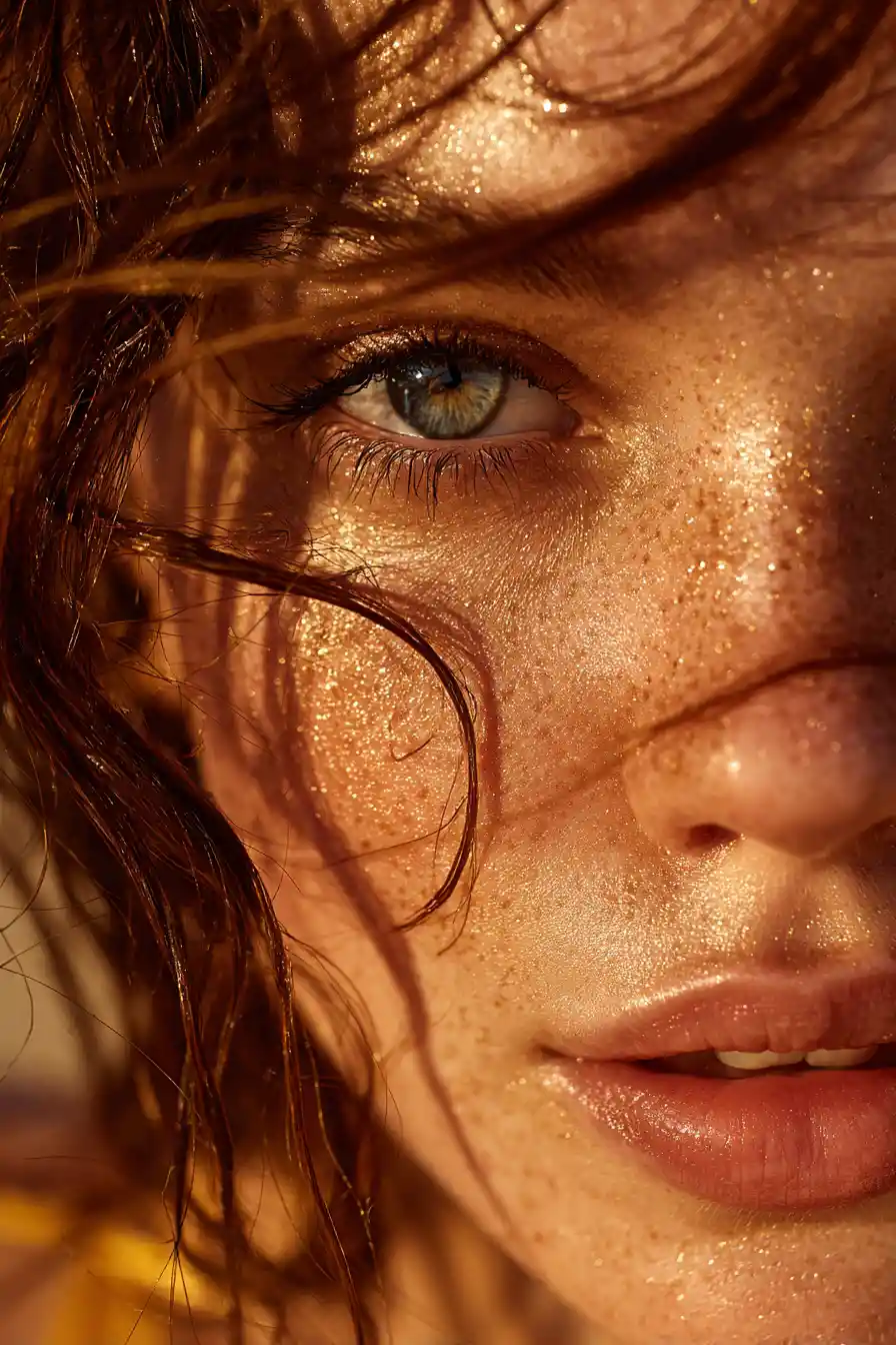 Backlit close up of a tanned woman with wet curly hair
