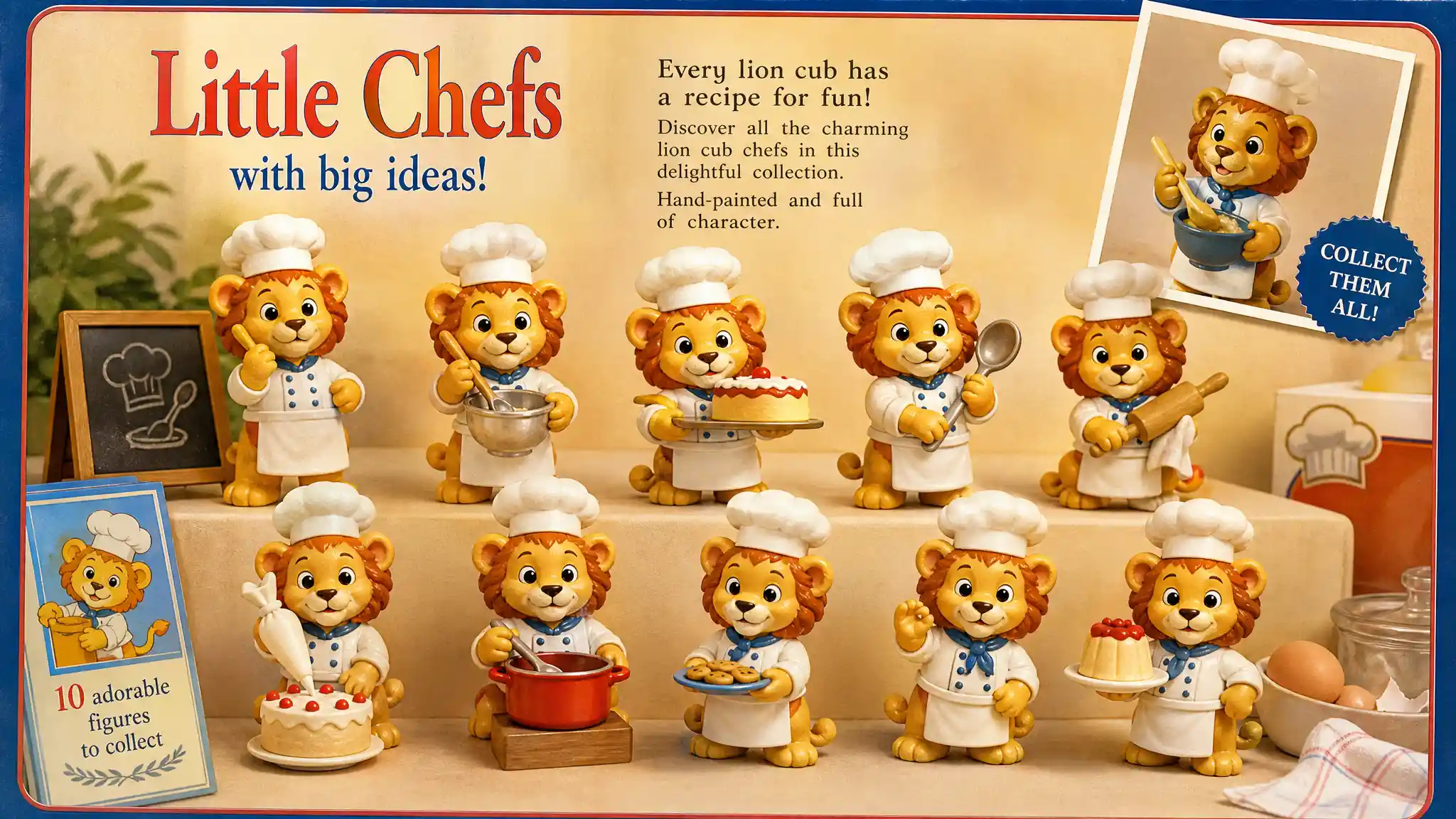 Digital illustration of identical lion cub chef toys collection