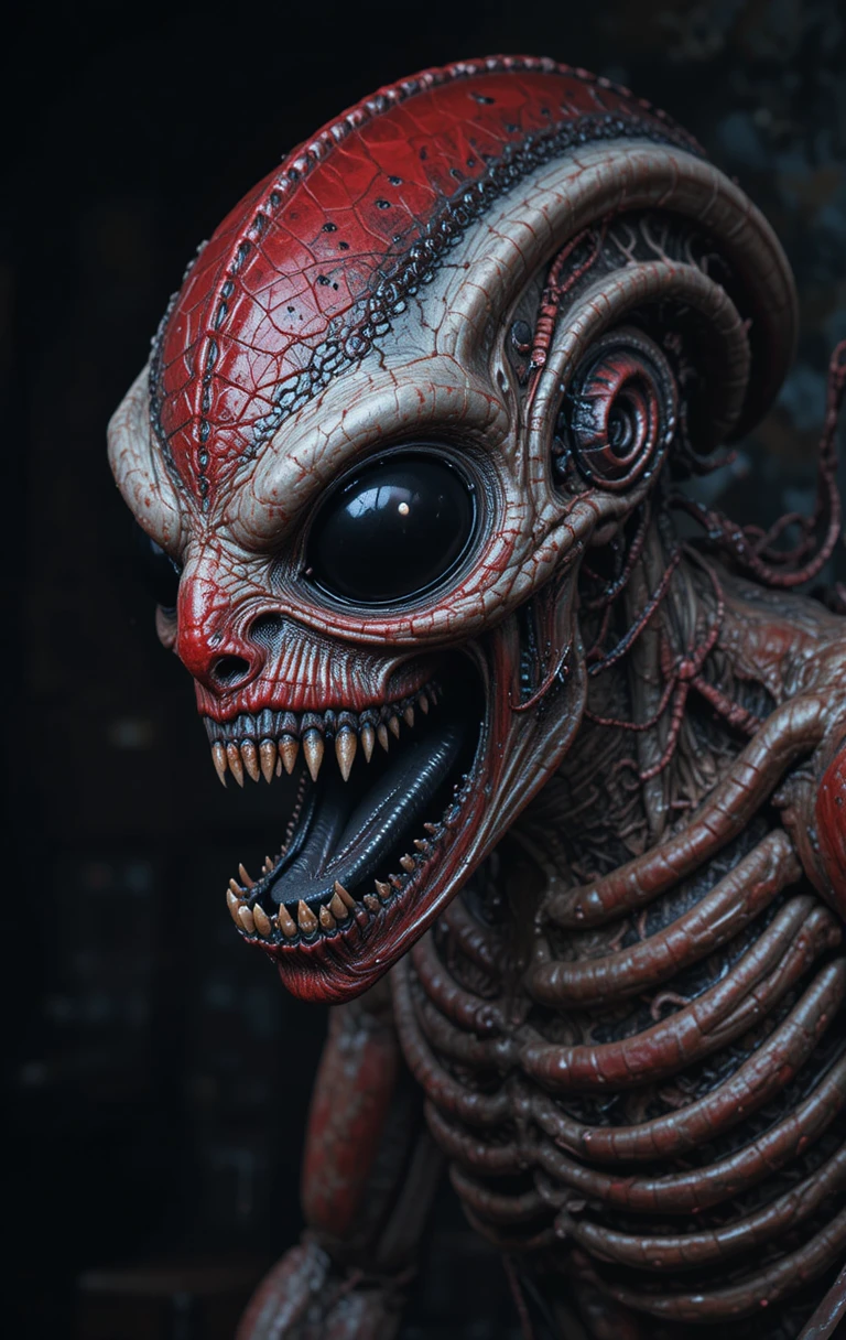 Grotesque alien monster with fangs in dark shadows