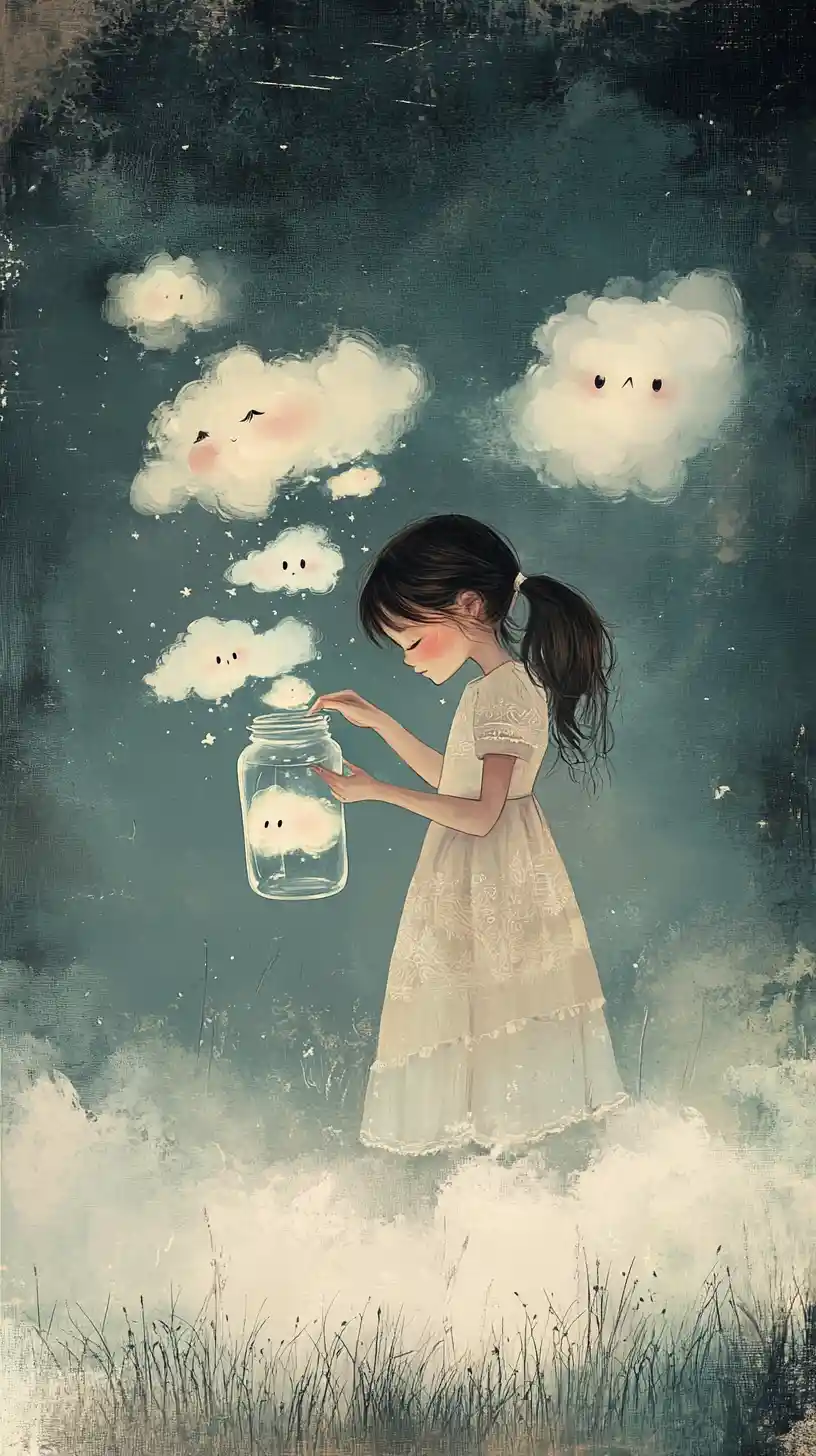 Girl Gathering Tiny Floating Clouds In A Glass Jar