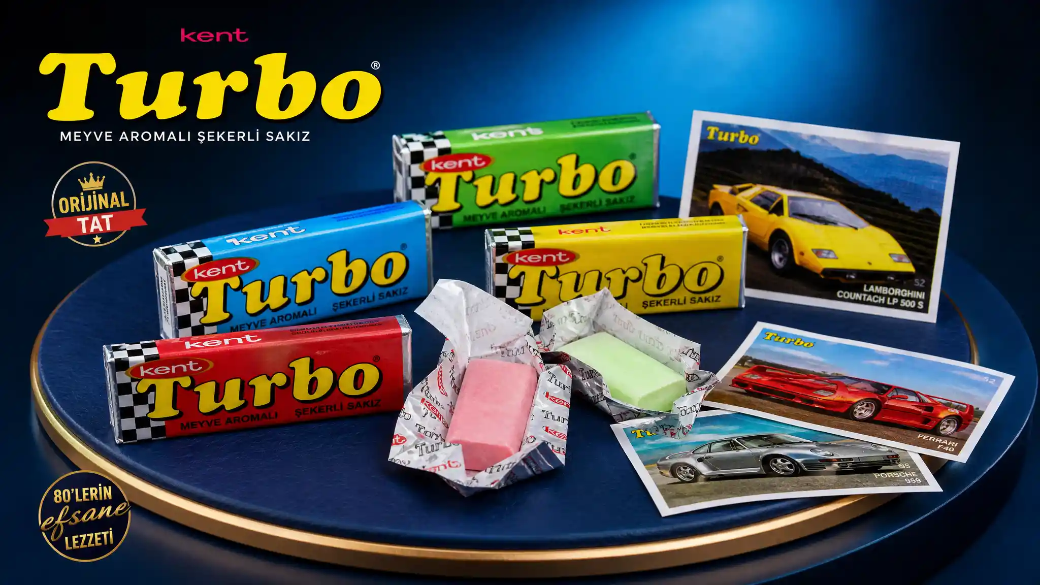 Colorful turbo chewing gum on a display platform