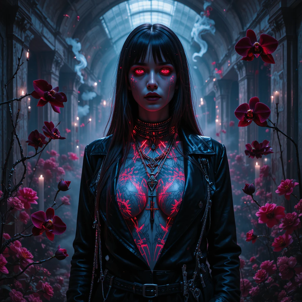 Gothic cyberpunk woman in glitching opera hall portrait