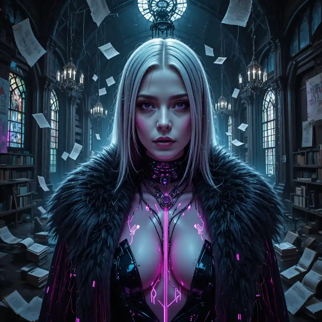 Cybernetic femme fatale in gothic glitch noir portrait