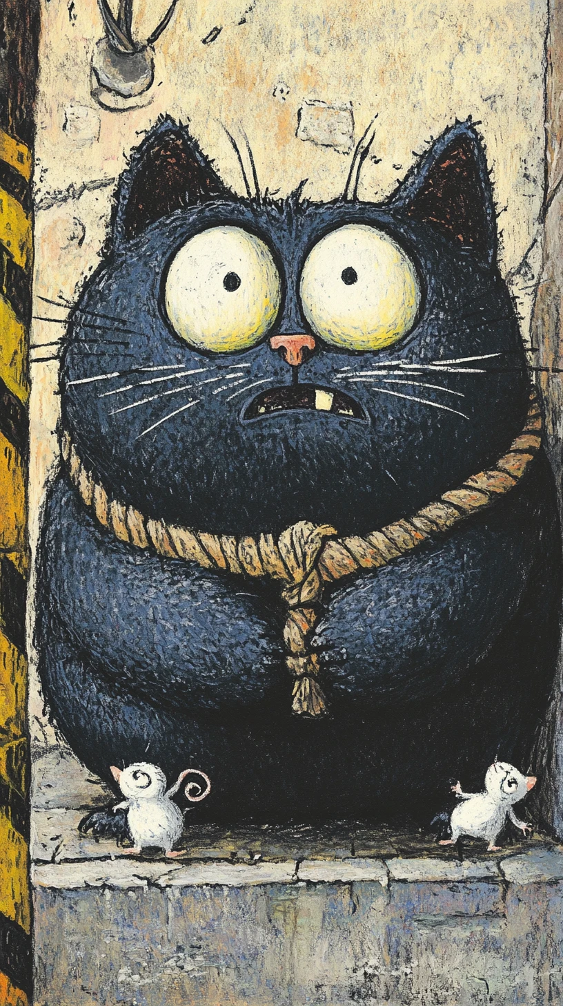 Panicked black cat dragged by mice in horror illustration