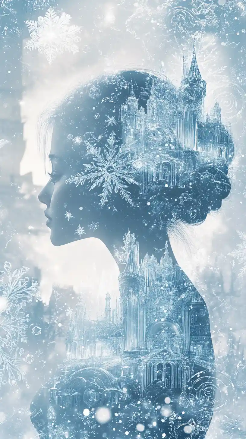 Regal female silhouette with crystal fairytale city within