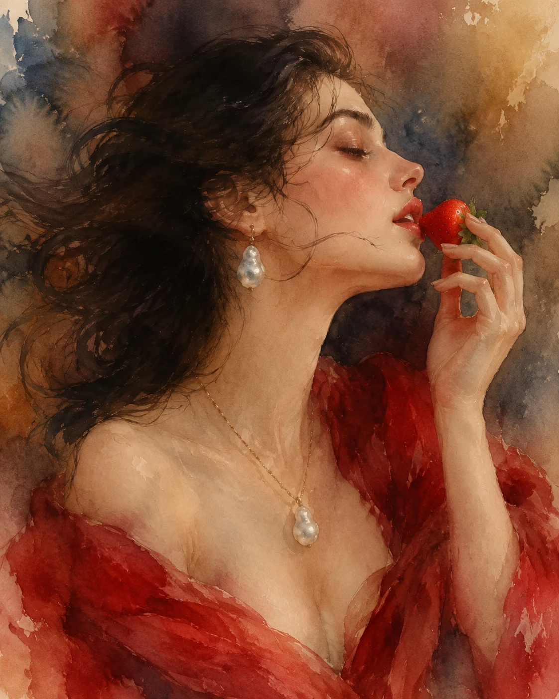 Watercolor portrait of a woman savoring a strawberry