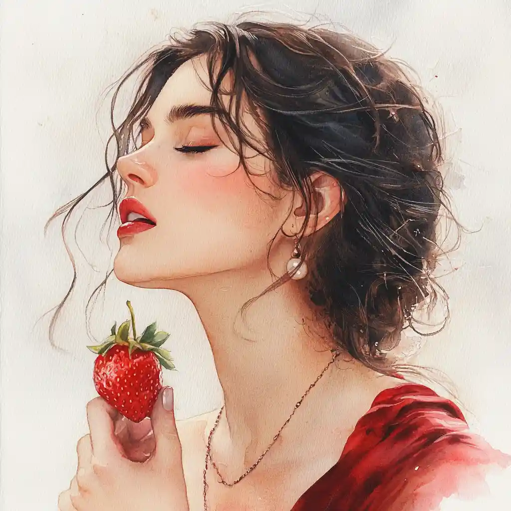 Watercolor portrait of a woman savoring a strawberry