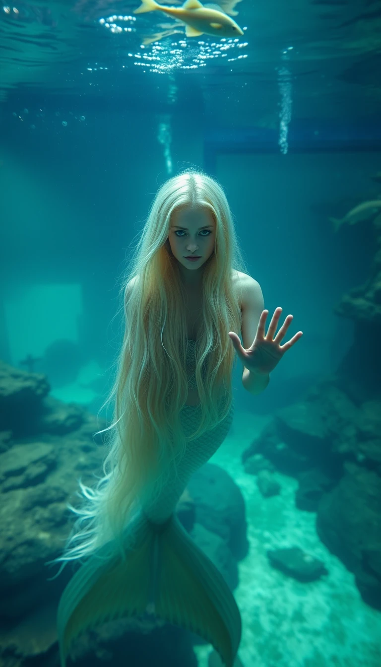 Sad mermaid with long blond hair in a glass aquarium