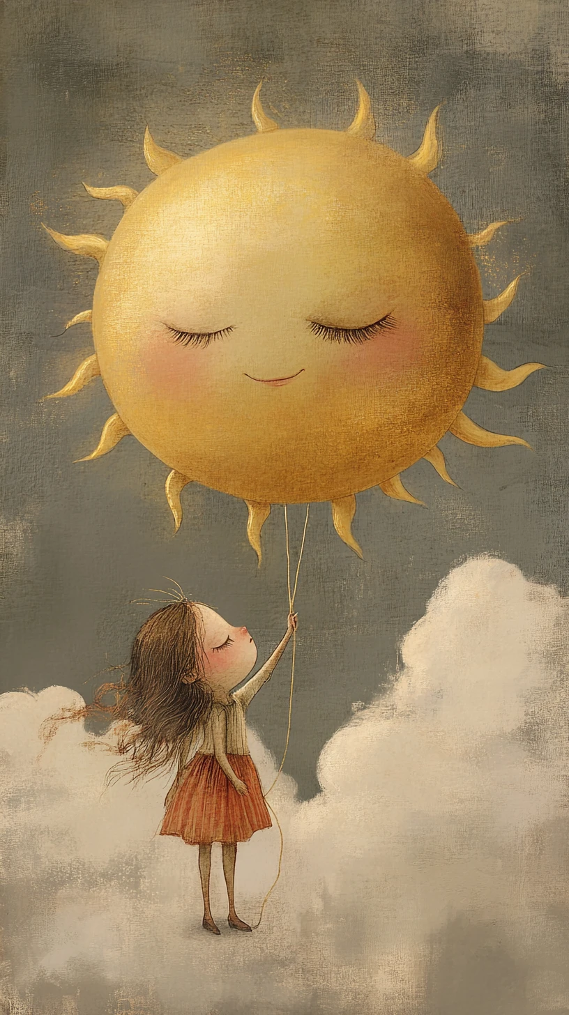 Girl Tugging A Sleepy Sun In A Misty Storybook Sky