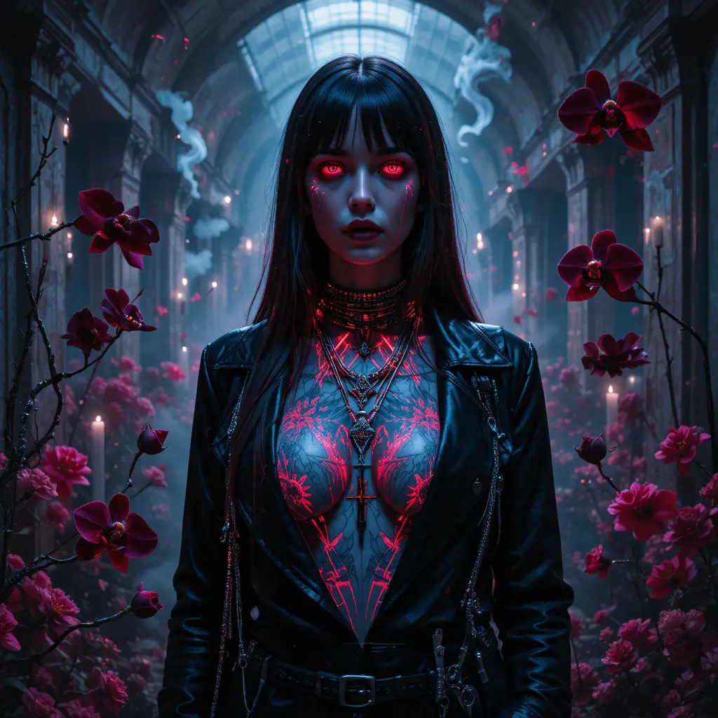 Gothic cyberpunk woman in glitching opera hall portrait