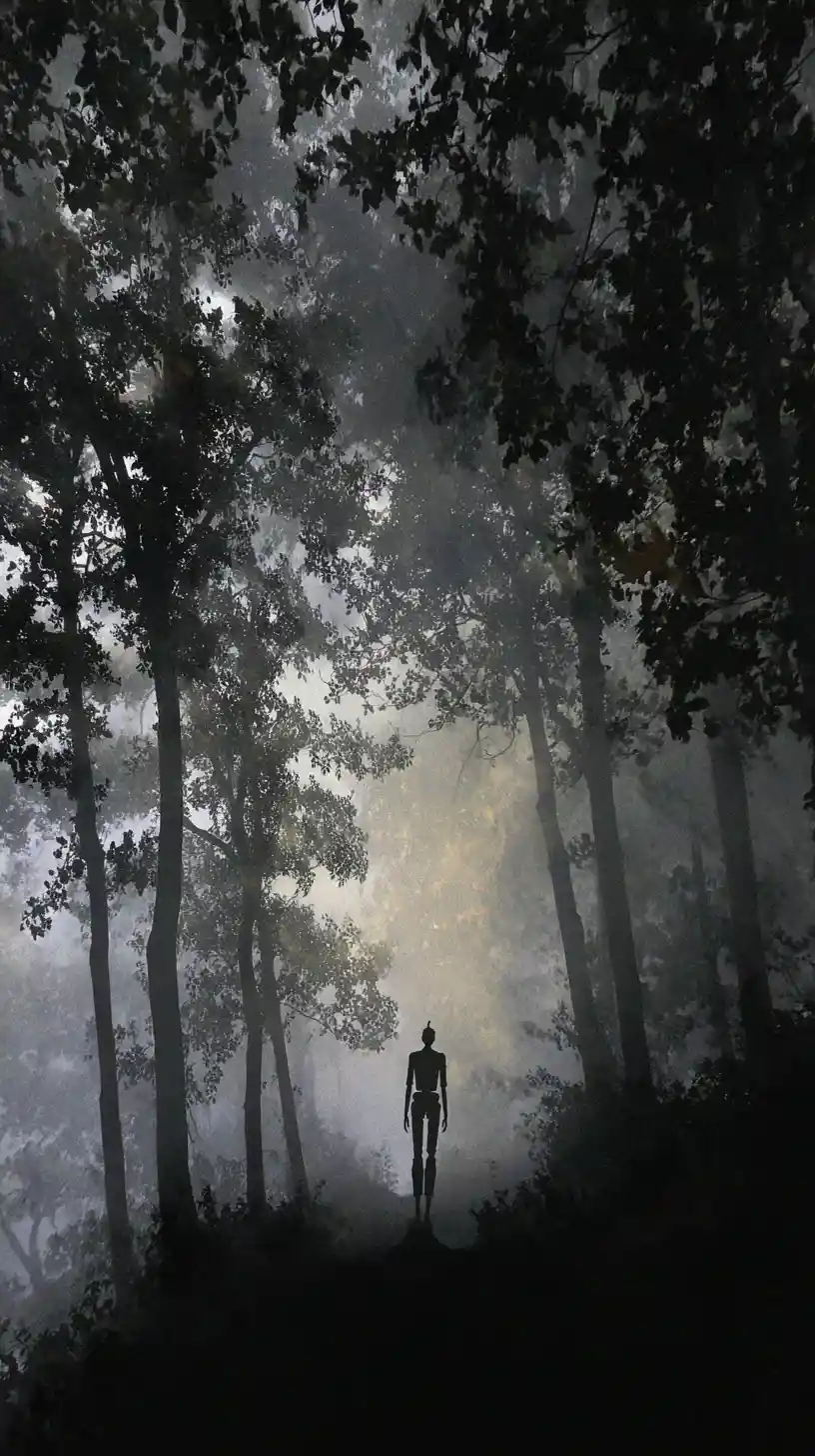 Silhouetted tin man at the edge of a mystical forest