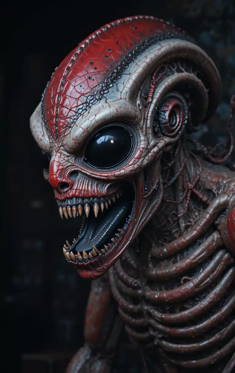 Grotesque alien monster with fangs in dark shadows