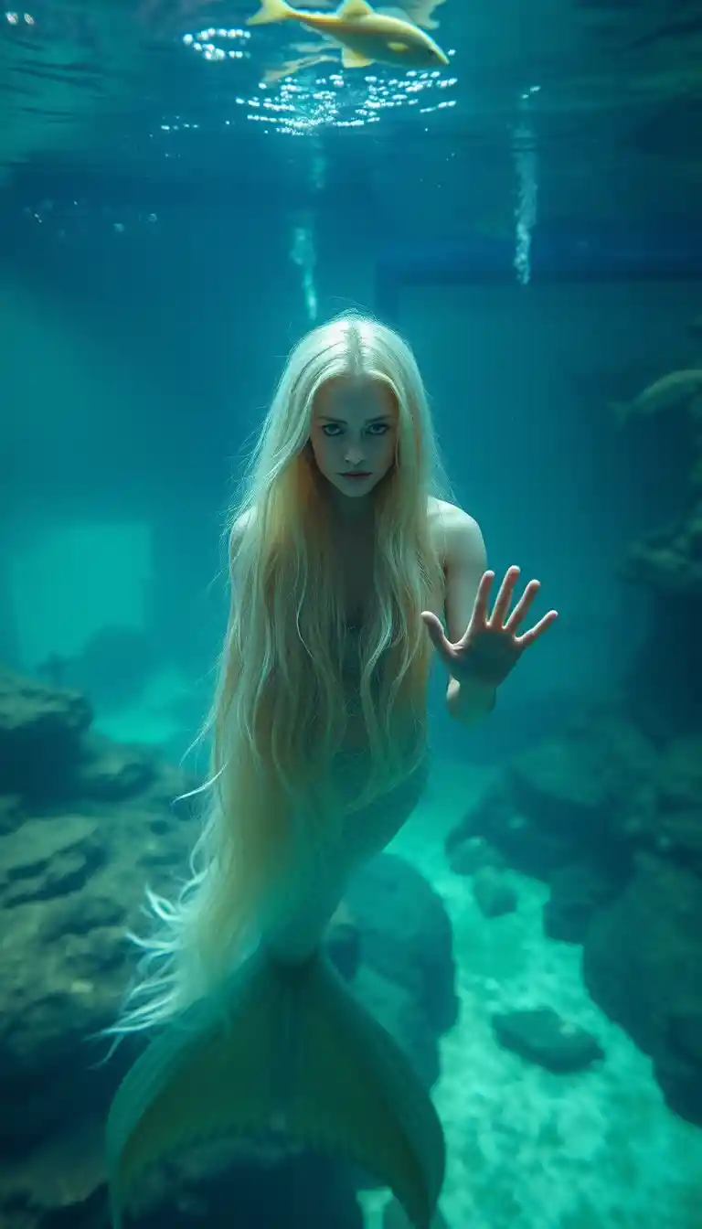 Sad mermaid with long blond hair in a glass aquarium