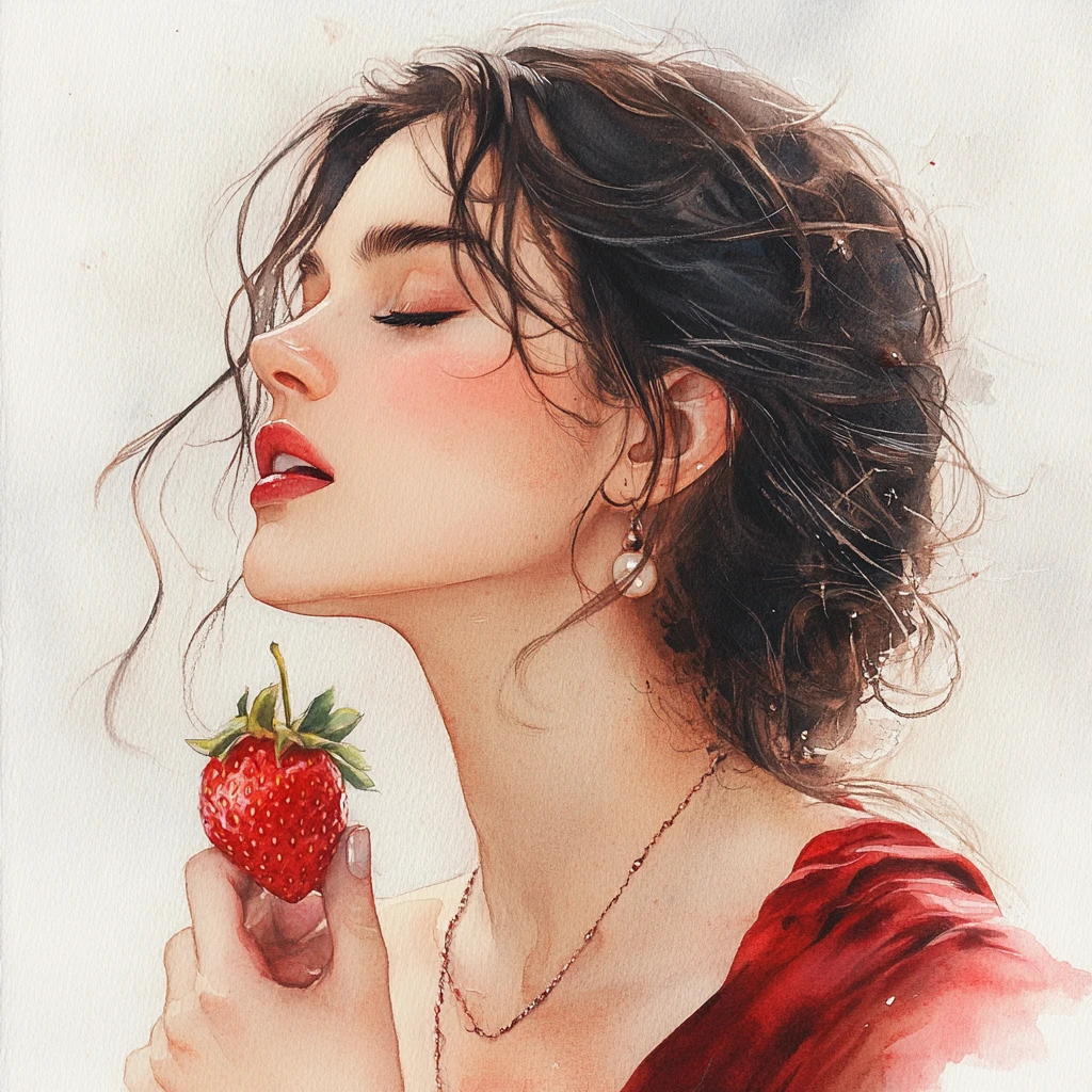 Watercolor portrait of a woman savoring a strawberry