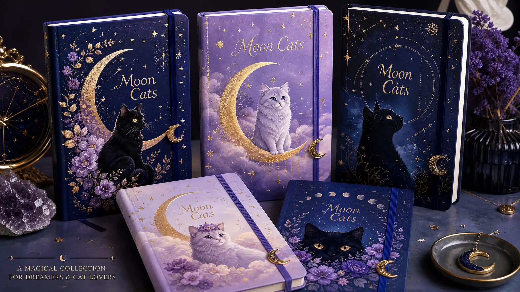 Digital notebook covers with whimsical moon cat artwork