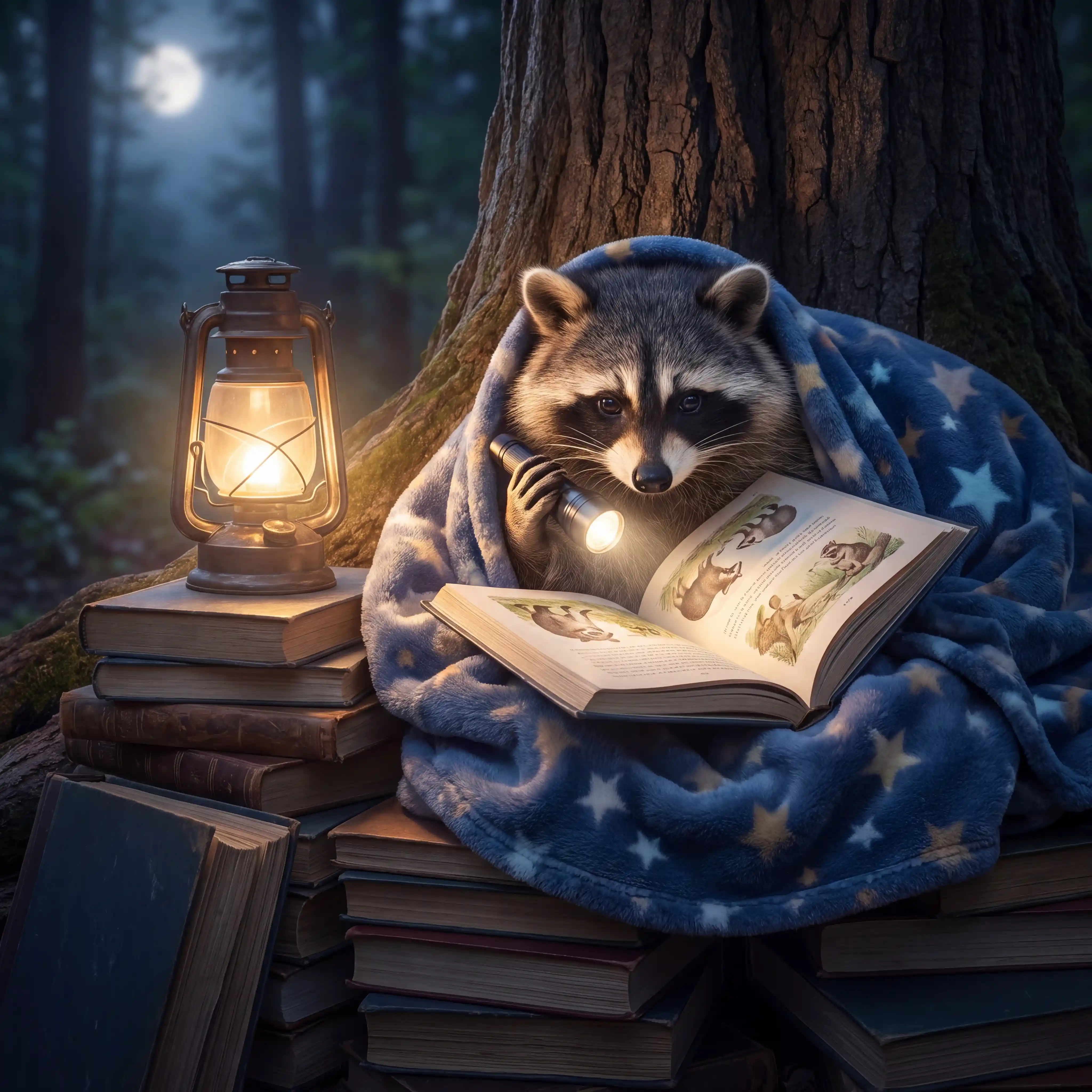 Cozy Raccoon Reading Under A Starry Blue Blanket