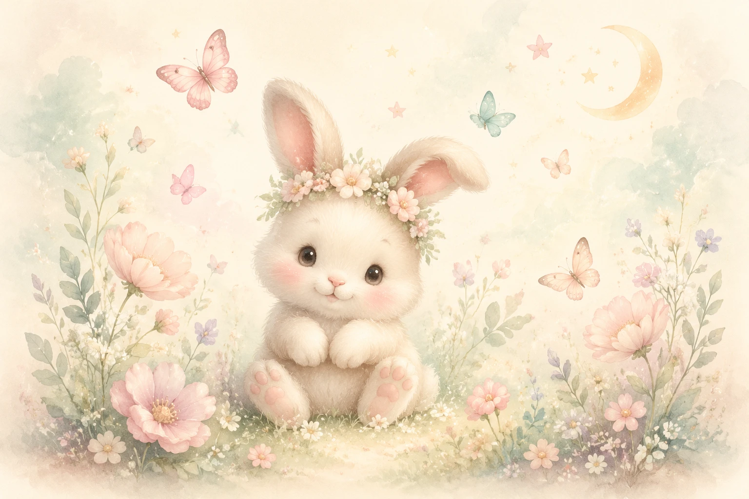 Cute baby rabbit among pastel flowers and butterflies