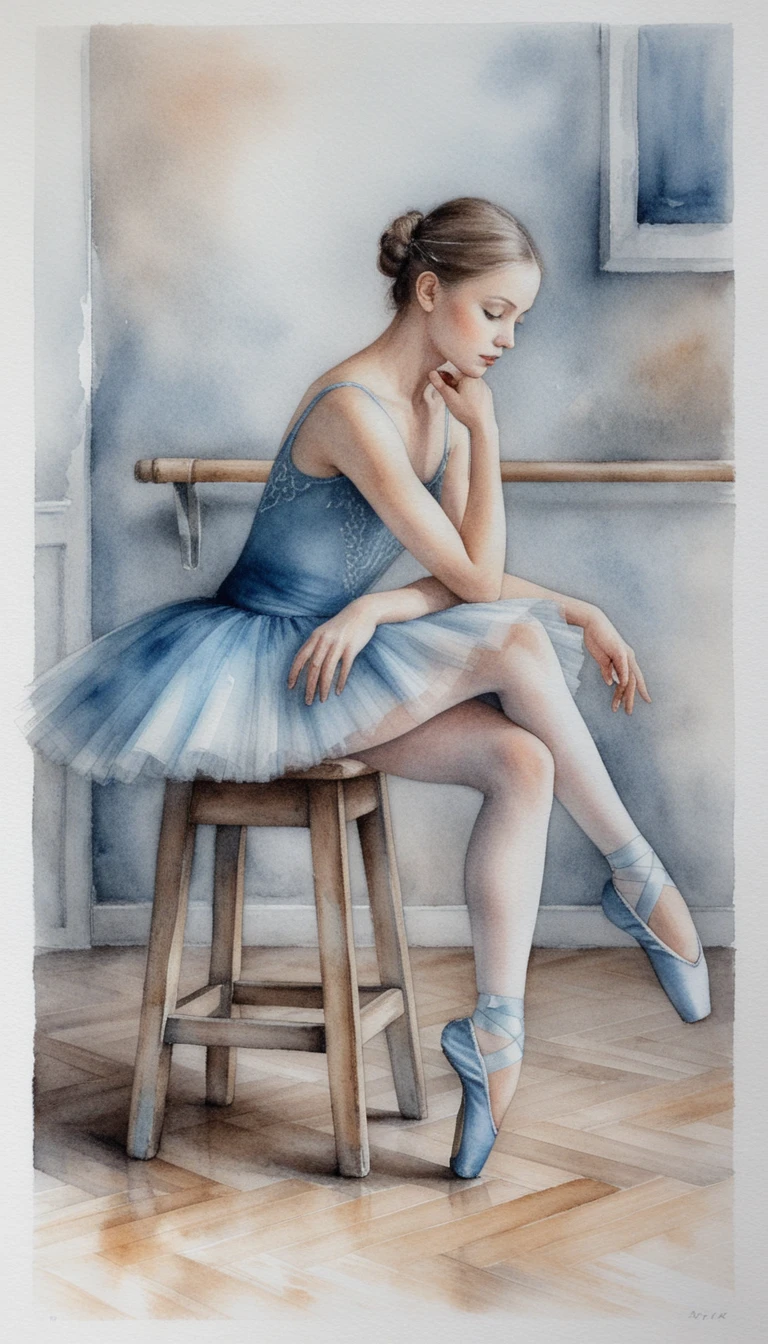 Contemplative ballerina on wooden stool in teal studio