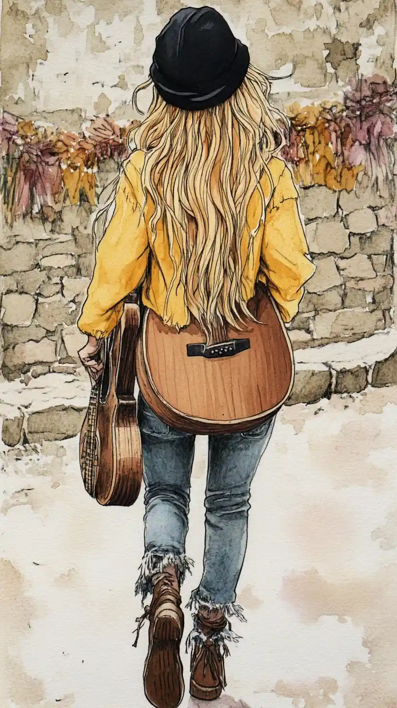 Bohemian woman with guitar walking on cobblestone street
