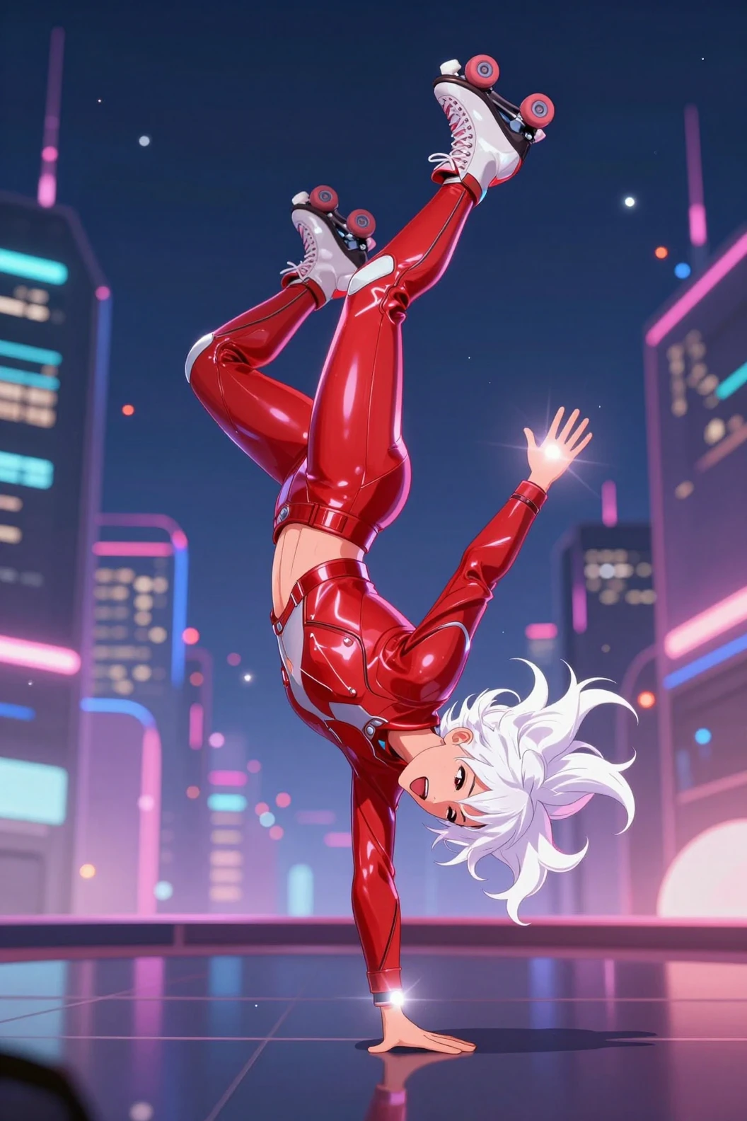 Anime skater girl flipping upside down in neon city