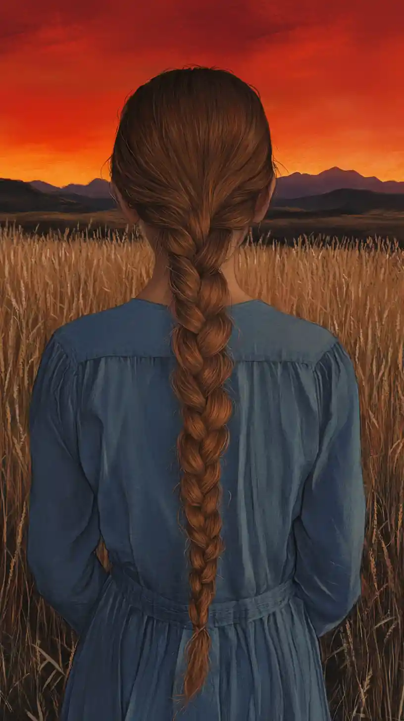 Young girl in a grass field at glowing sunset sky