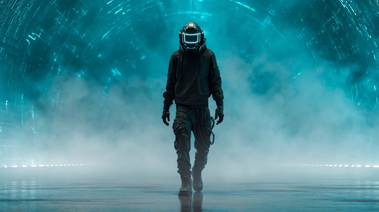 Futuristic man in black armor with glowing helmet display