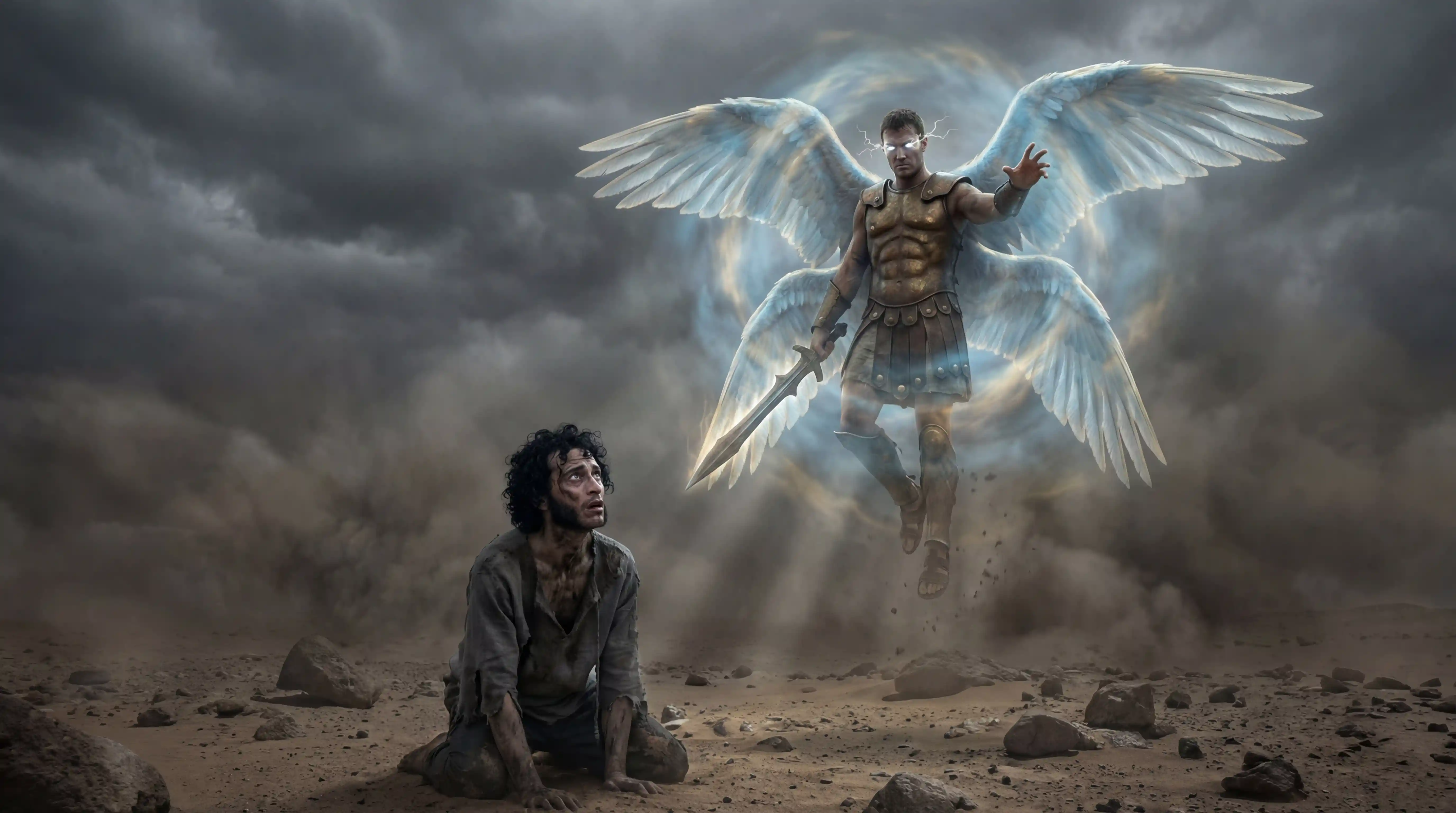 Towering angel confronts ragged sinner in stormy desert