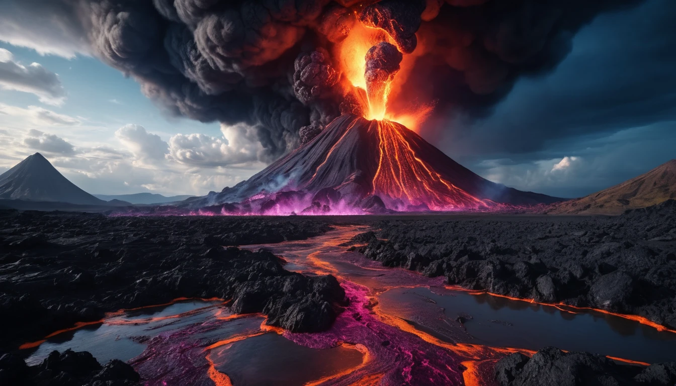 Erupting volcano over alien lava rivers at dusk