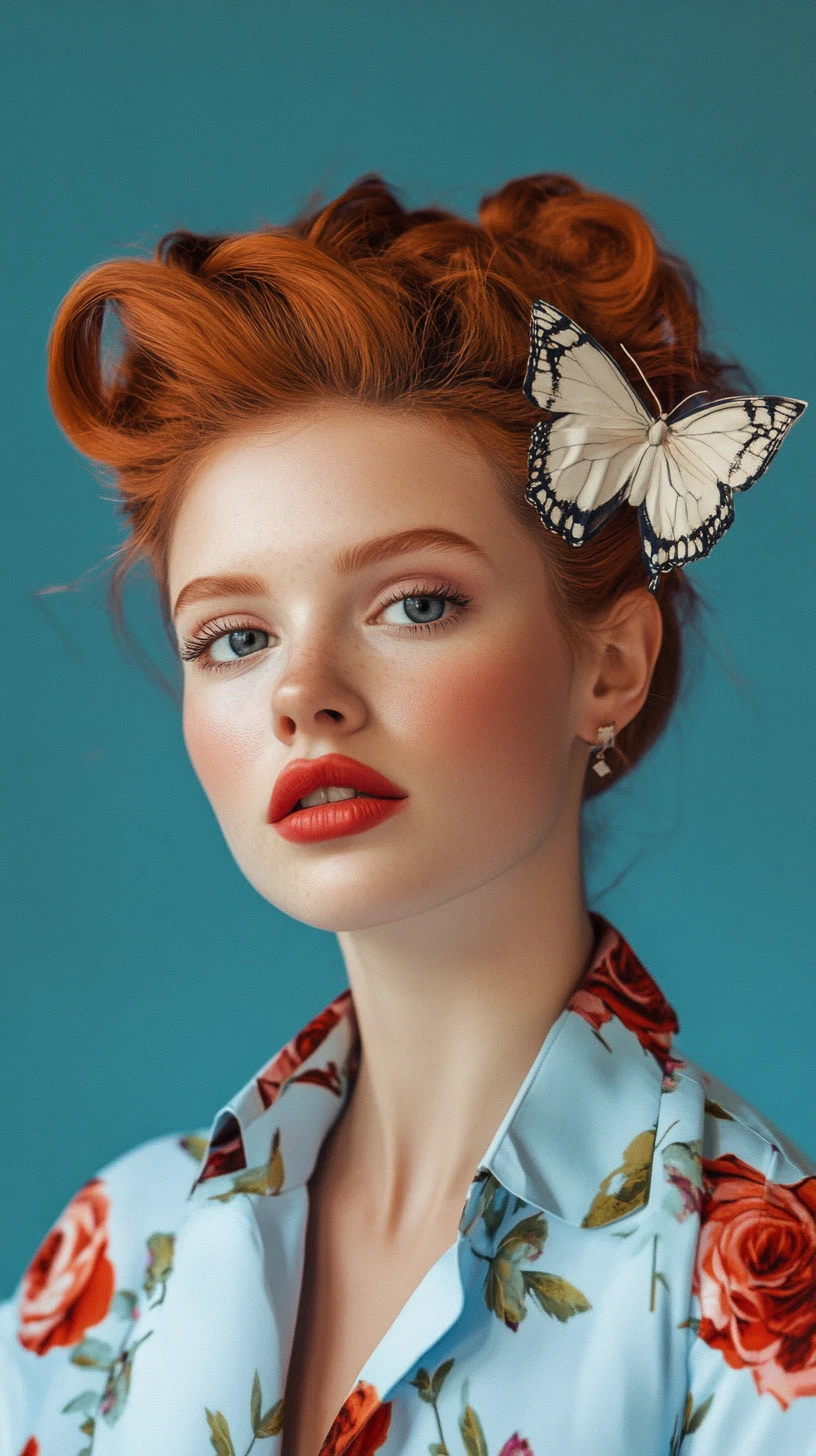 Red haired woman in vintage bun with blue floral scarf