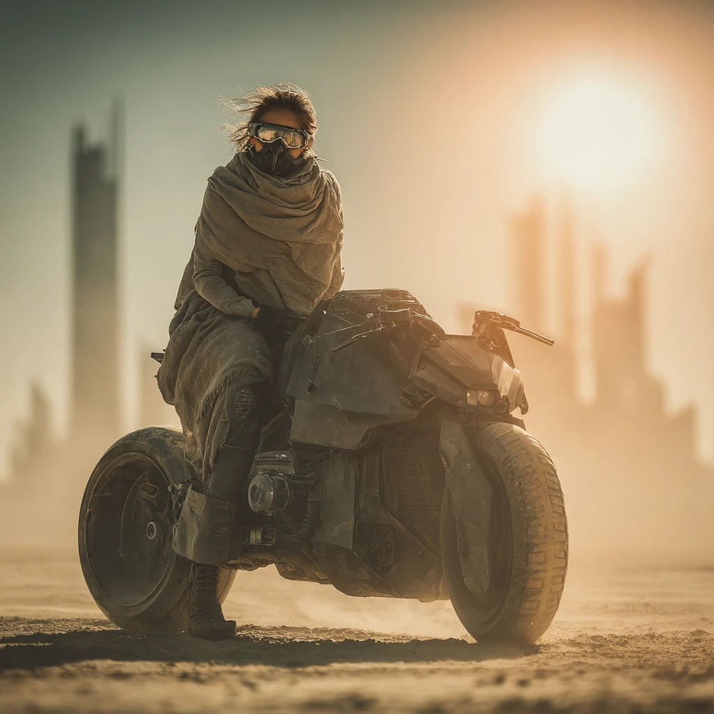 Lone traveler beside flying motorcycle in sunlit desert