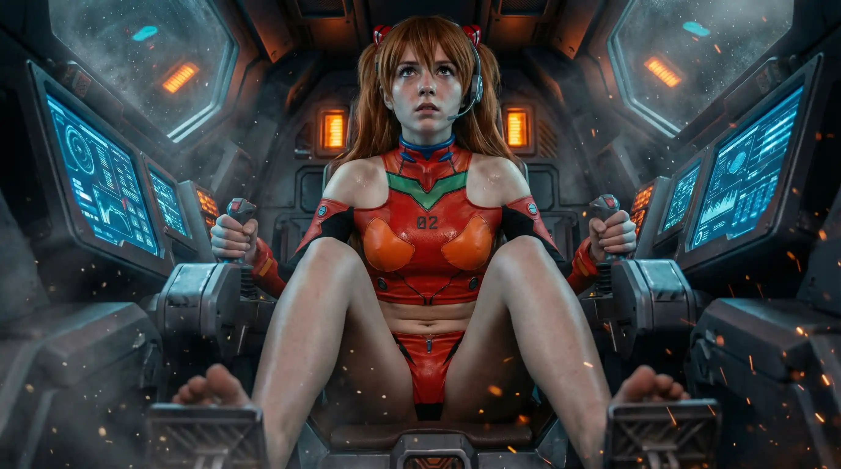 Young mech pilot girl in tense cockpit close up