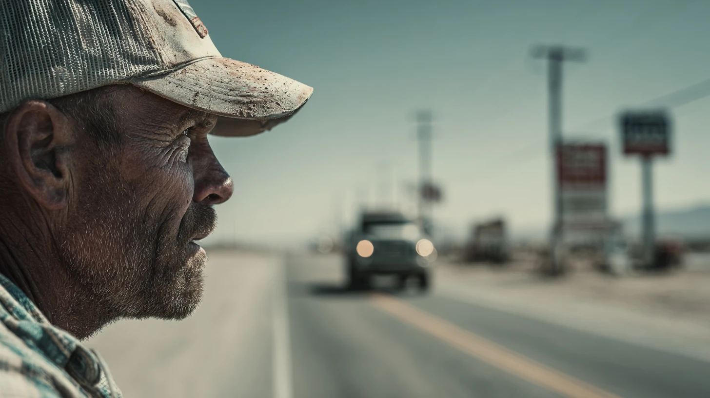 Man refueling pickup truck at lonely Nevada gas station